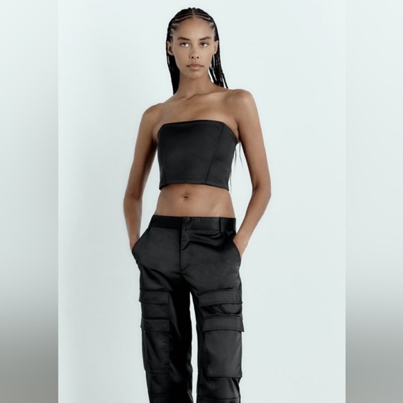 Zara Black Satin Structured Crop Top NWT - Picture 1 of 4